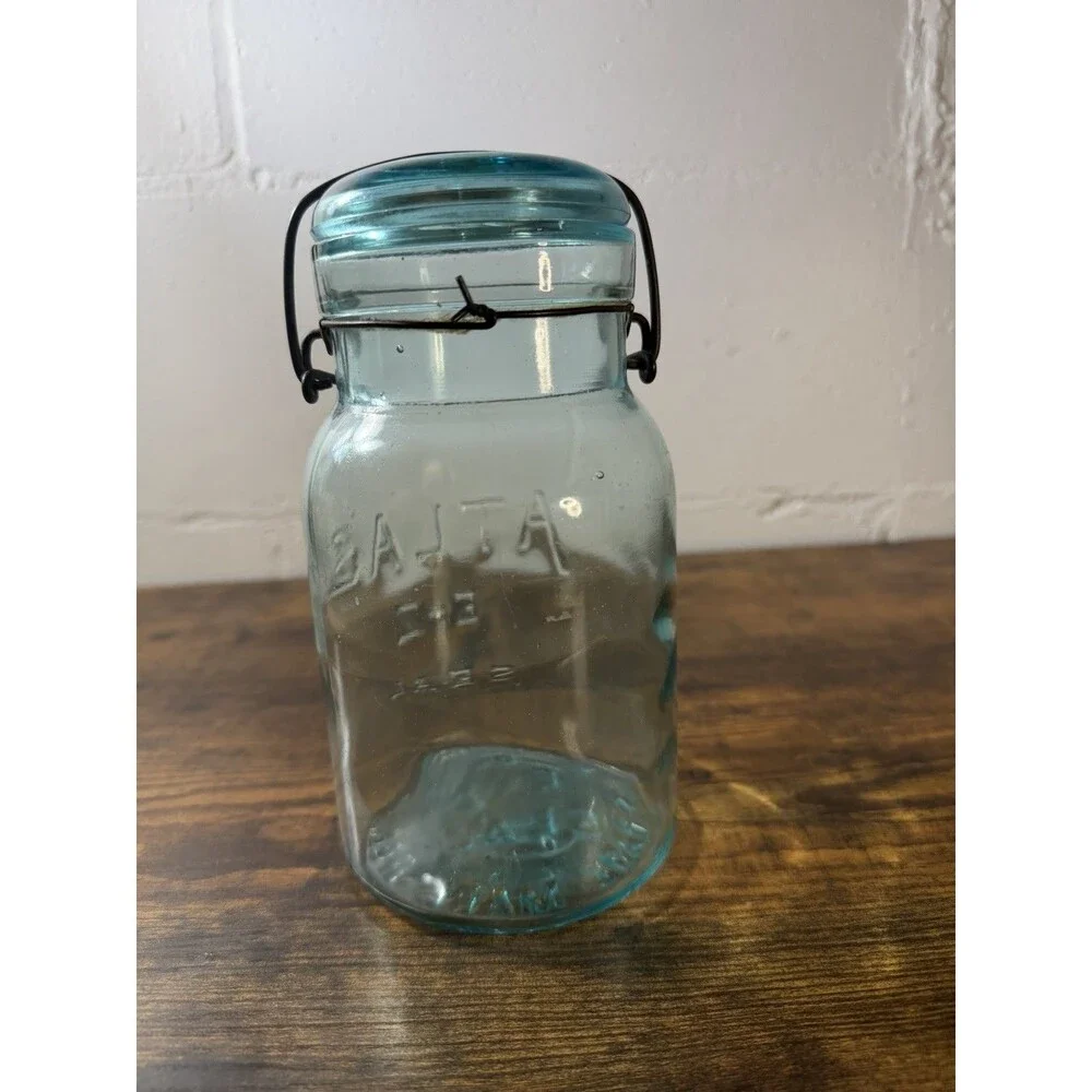 Antique Atlas E-Z Seal Aqua Blue Glass Canning Jar Wire Bail Glass Lid